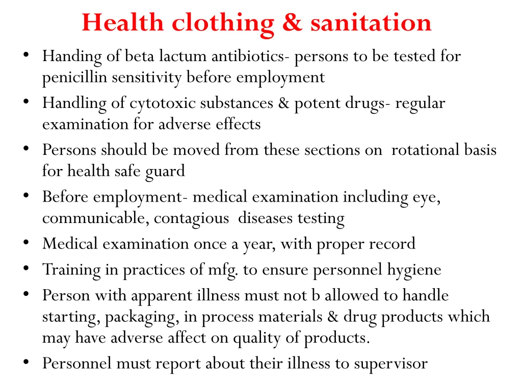 health clothing sanitation handing of beta lactum