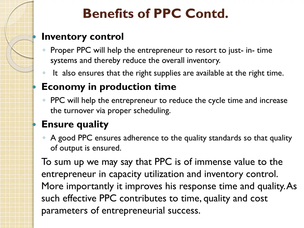 benefits of ppc contd