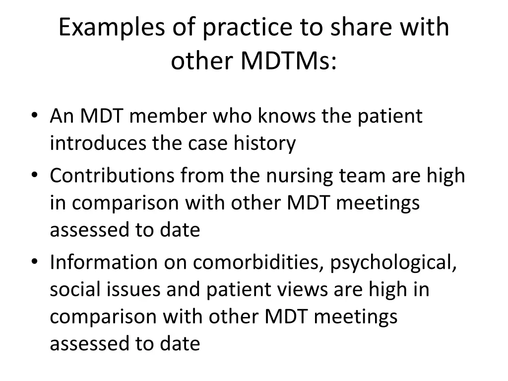 examples of practice to share with other mdtms