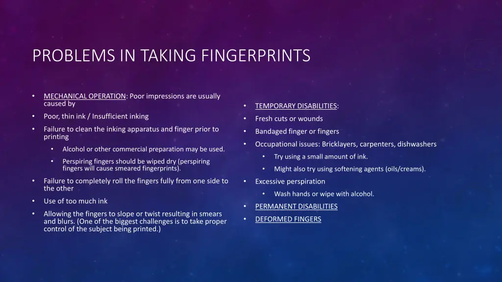 problems in taking fingerprints