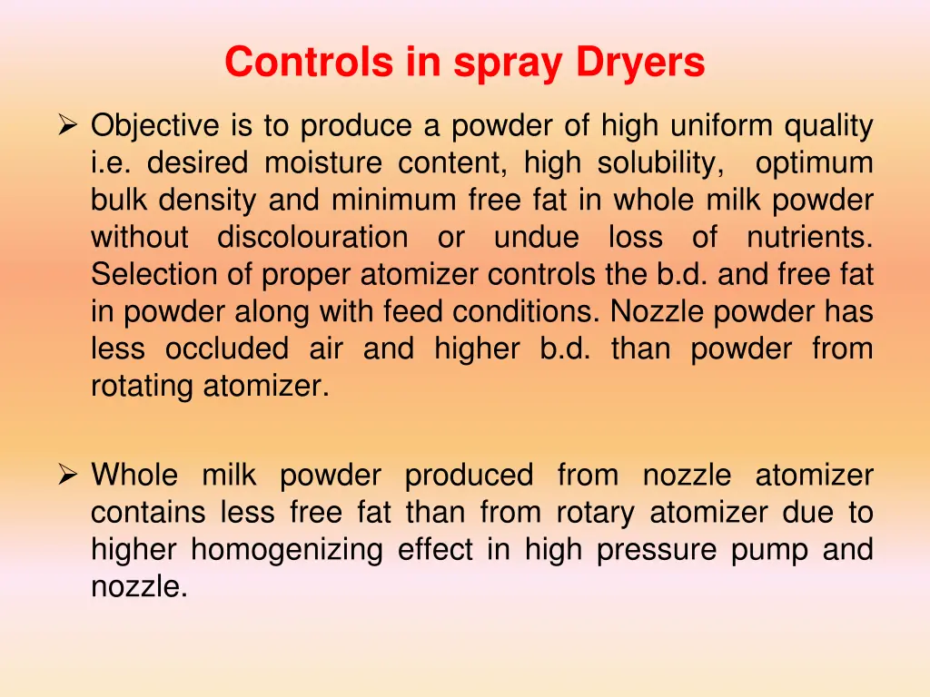 controls in spray dryers