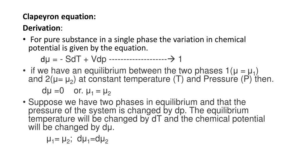 clapeyron equation derivation for pure substance