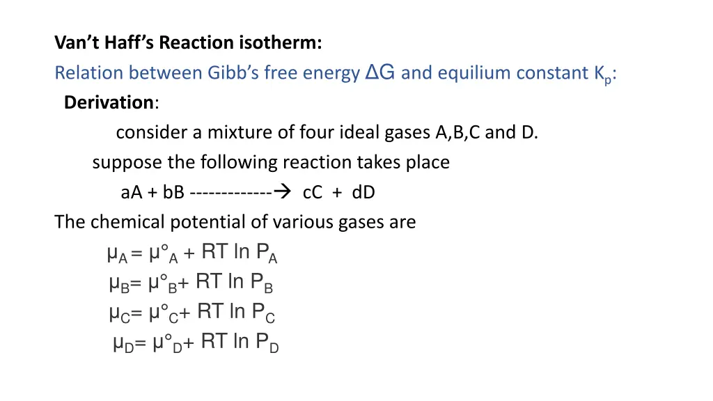 van t haff s reaction isotherm relation between