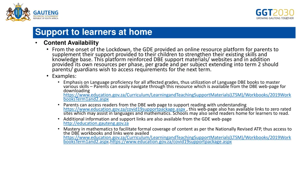 support to learners at home content availability