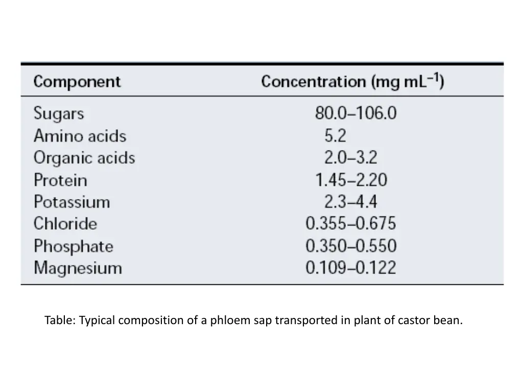 table typical composition of a phloem