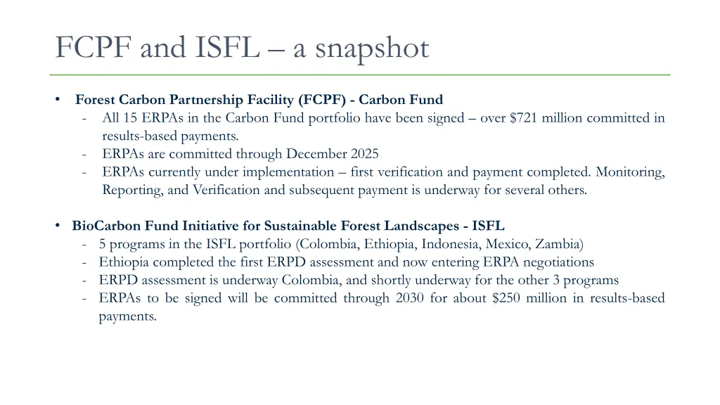 fcpf and isfl a snapshot