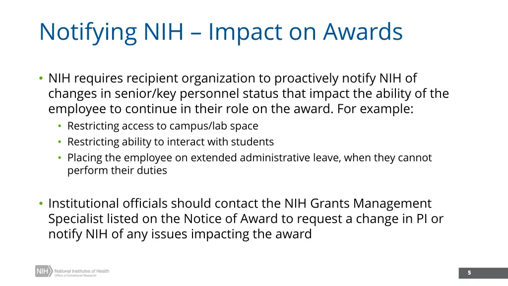 notifying nih impact on awards