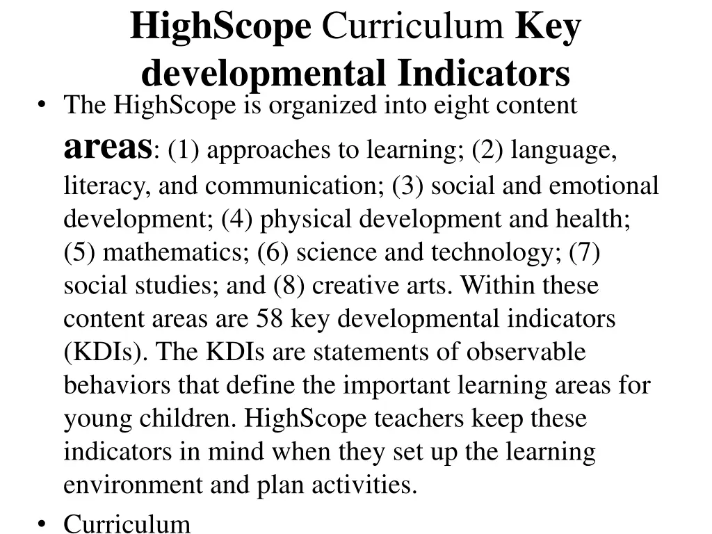 highscope curriculum key developmental indicators