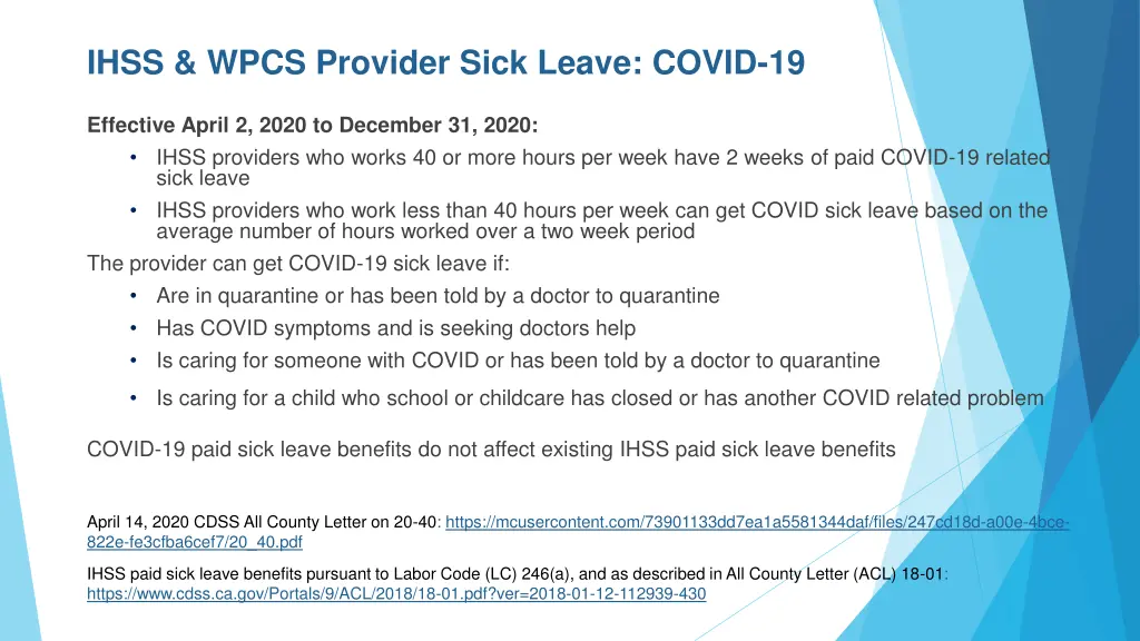 ihss wpcs provider sick leave covid 19