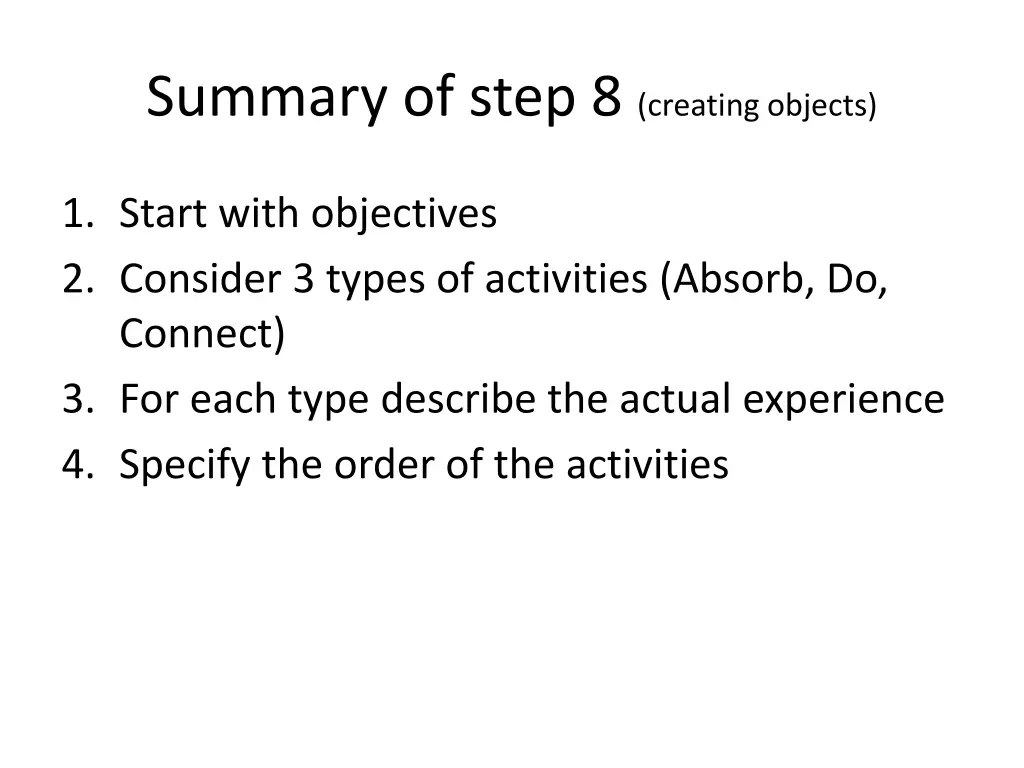 summary of step 8 creating objects