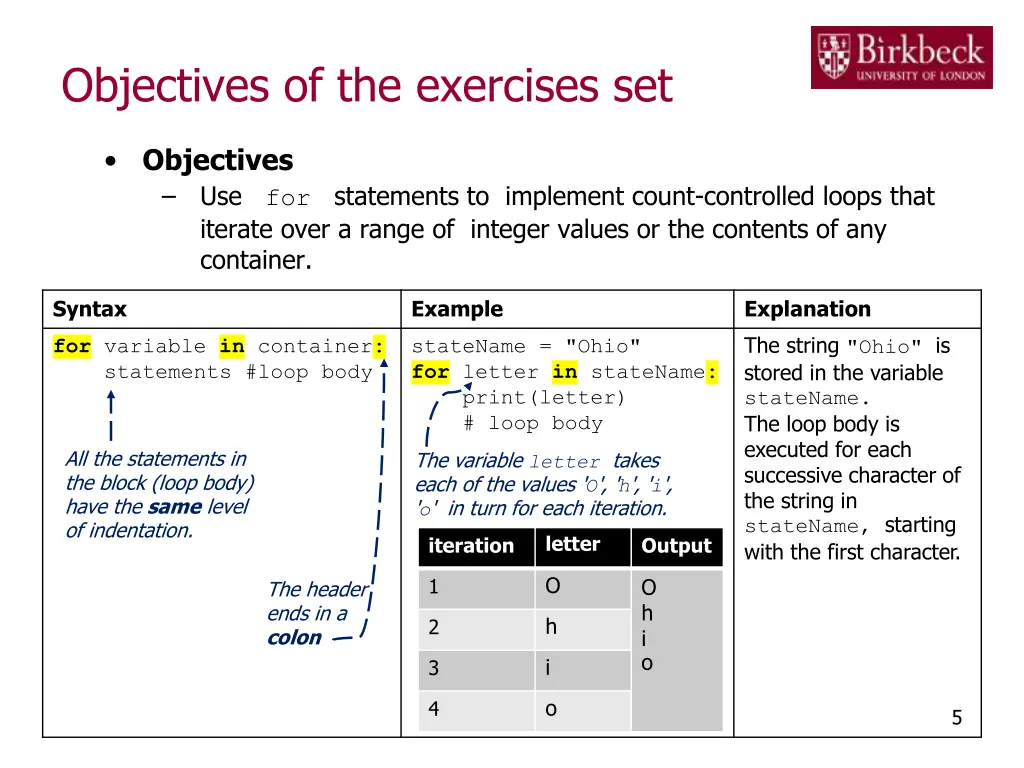 objectives of the exercises set