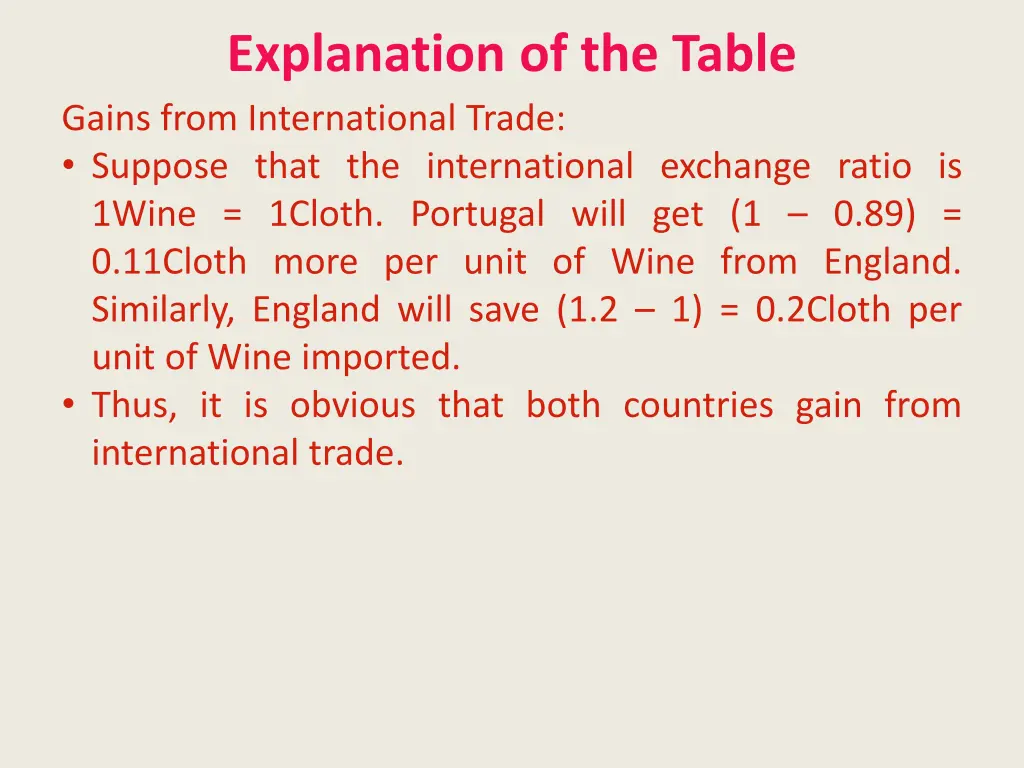 explanation of the table gains from international