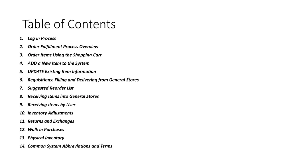 table of contents