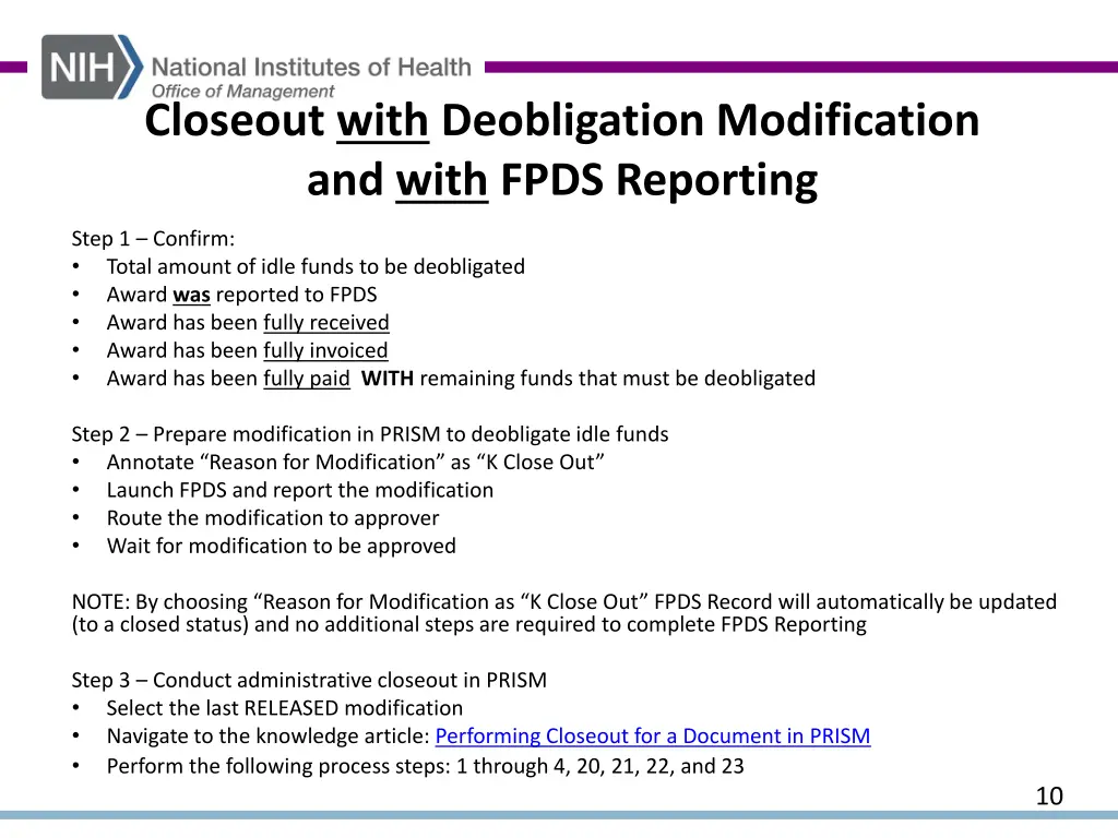 closeout with deobligation modification and with