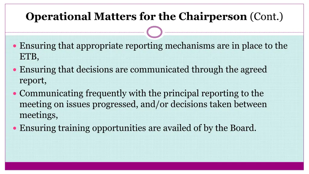 operational matters for the chairperson cont