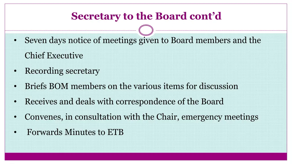 secretary to the board cont d