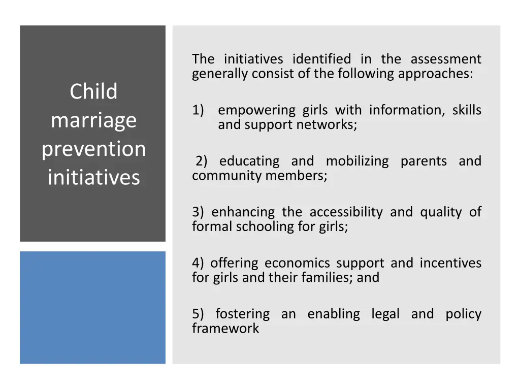 the initiatives identified in the assessment