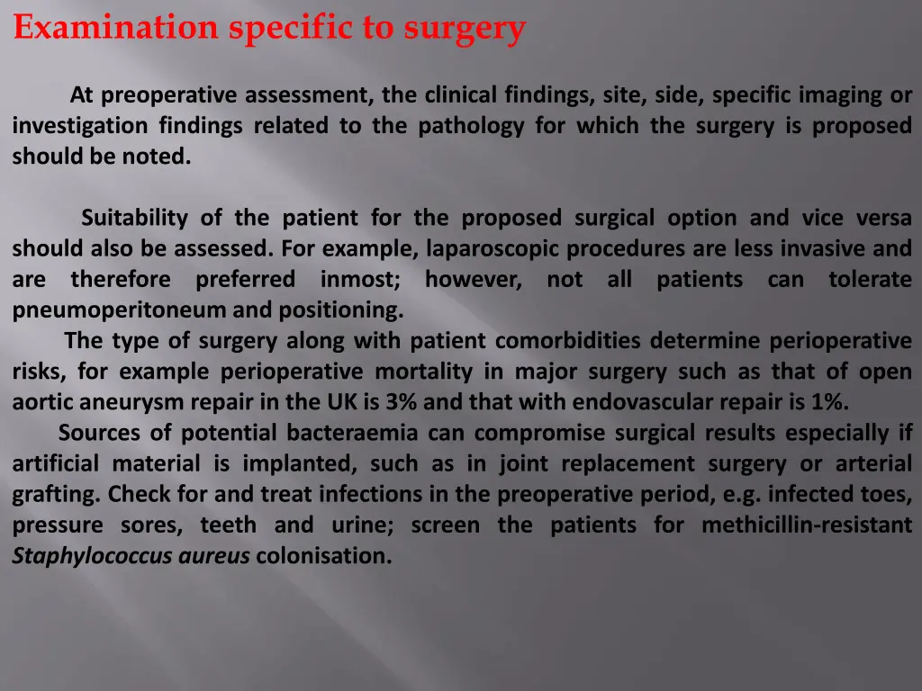 examination specific to surgery