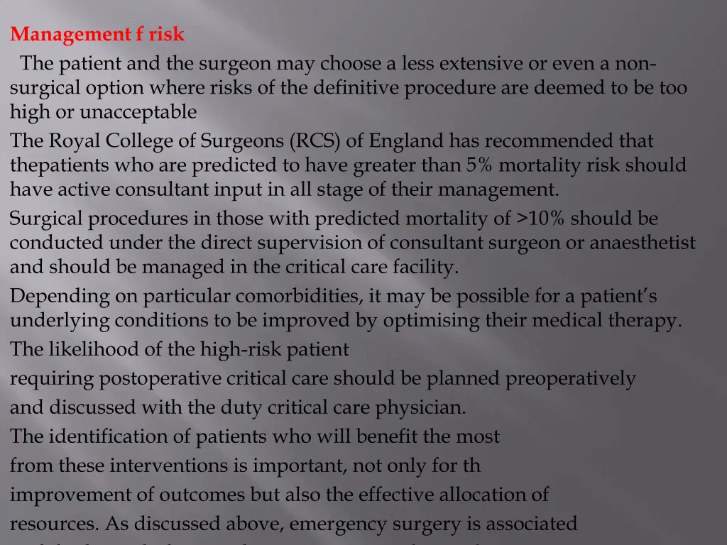 management f risk the patient and the surgeon