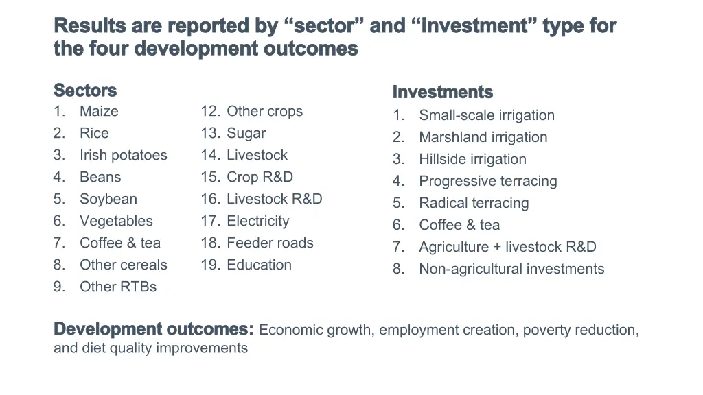 results are reported by sector and investment