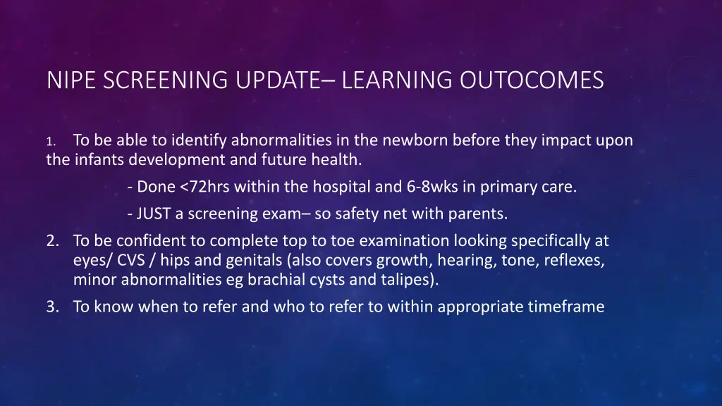 nipe screening update learning outocomes