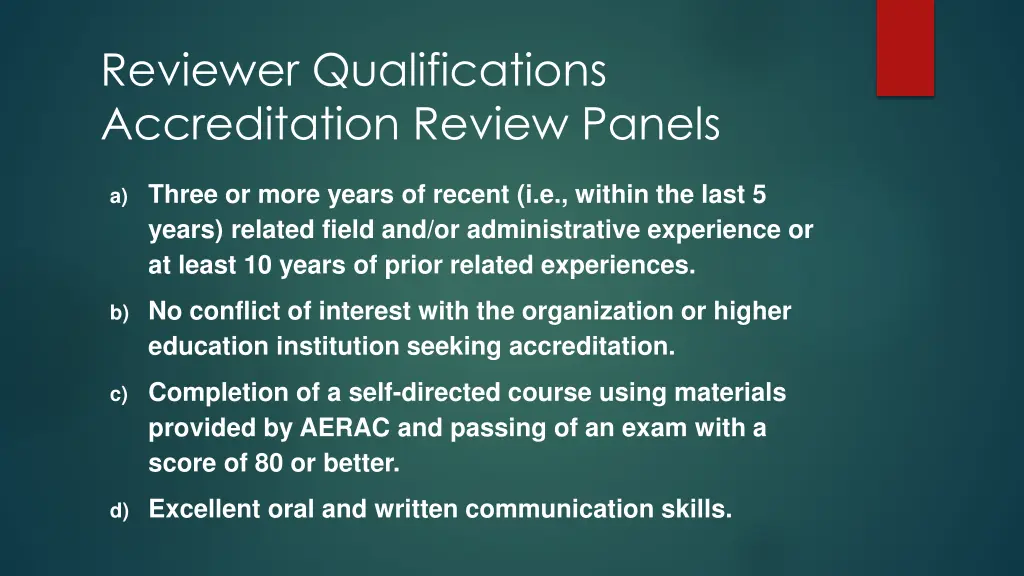 reviewer qualifications accreditation review