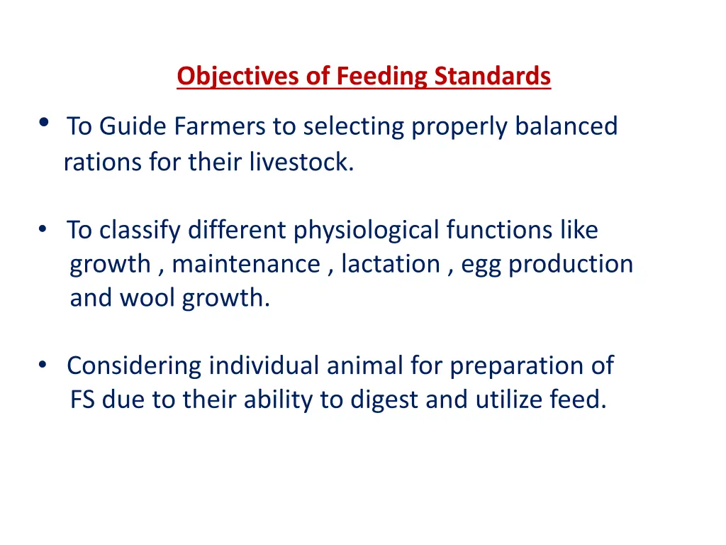 objectives of feeding standards to guide farmers