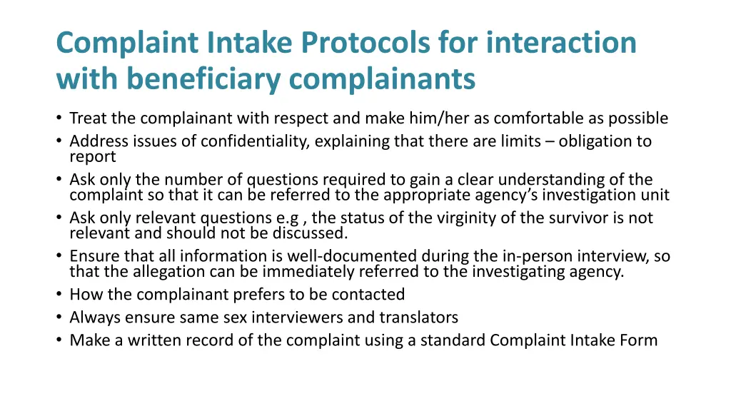 complaint intake protocols for interaction with