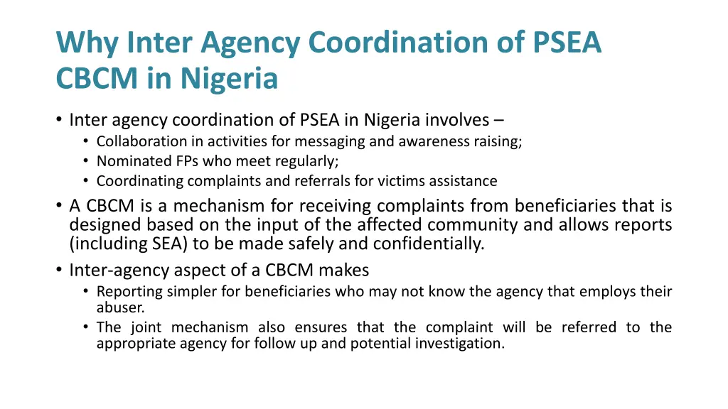 why inter agency coordination of psea cbcm