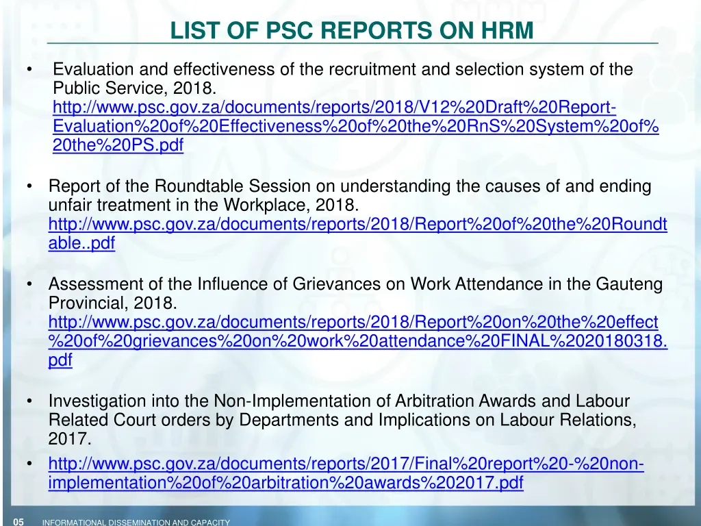 list of psc reports on hrm 1