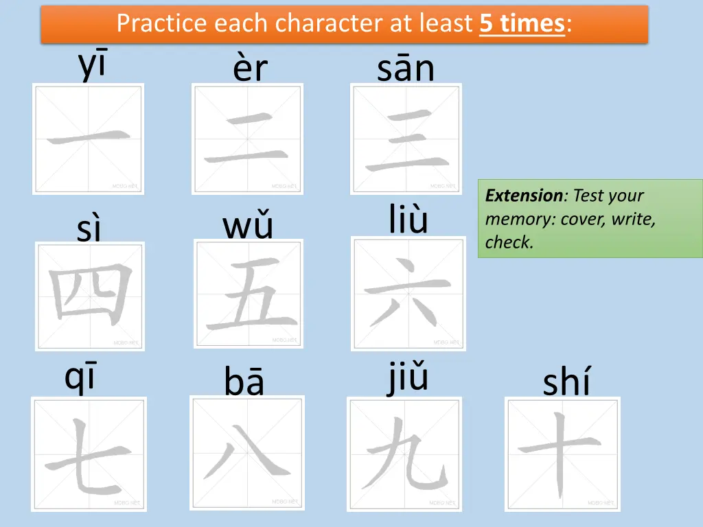 practice each character at least 5 times