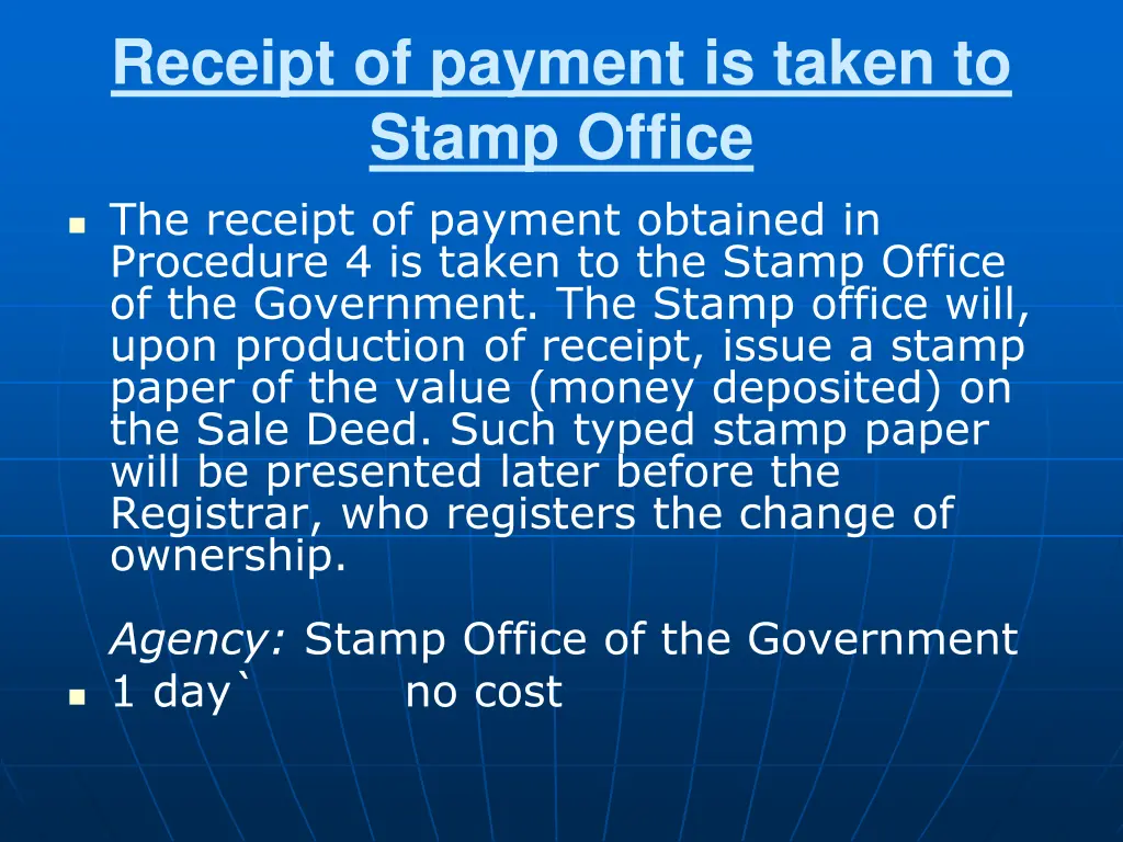 receipt of payment is taken to stamp office