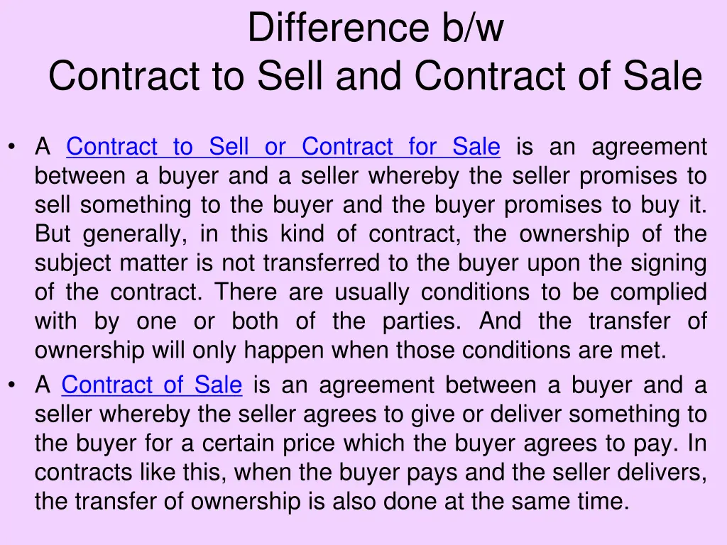 difference b w contract to sell and contract