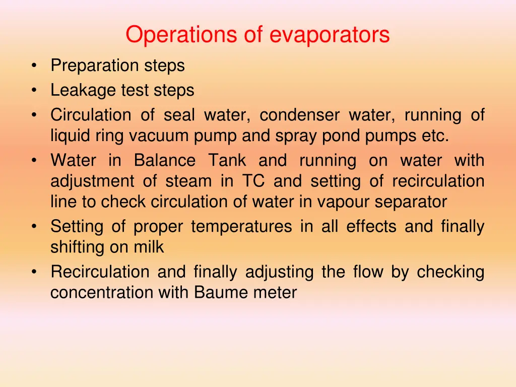 operations of evaporators preparation steps