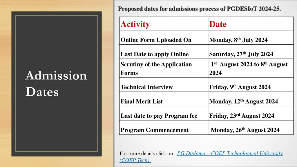 proposed dates for admissions process of pgdesiot