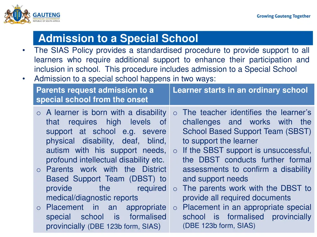 admission to a special school the sias policy