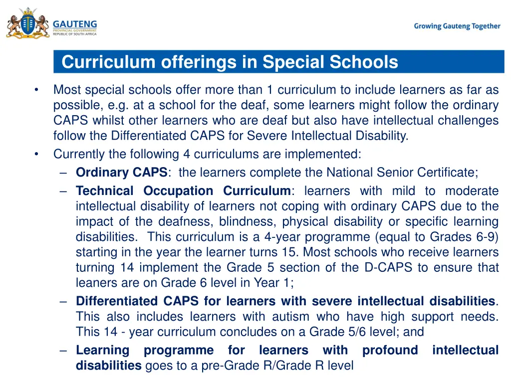 curriculum offerings in special schools