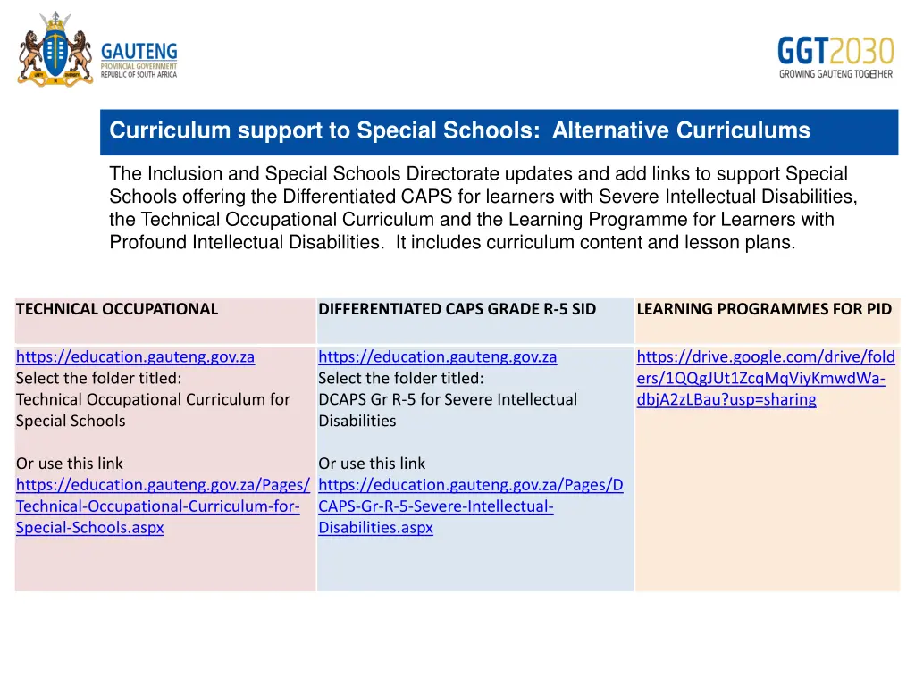 curriculum support to special schools alternative