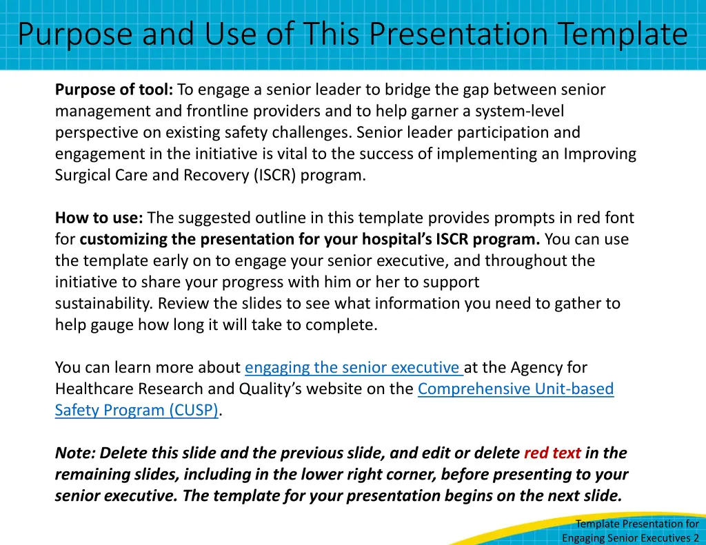 purpose and use of this presentation template