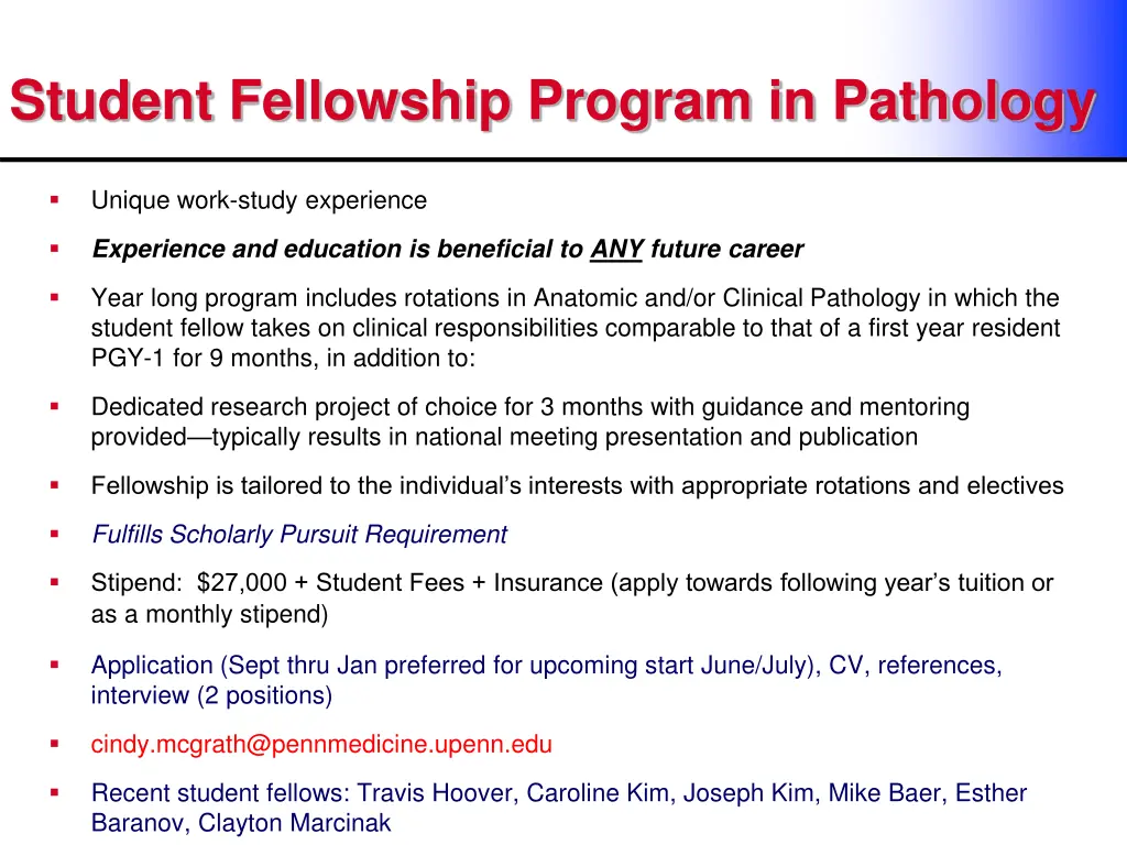 student fellowship program in pathology