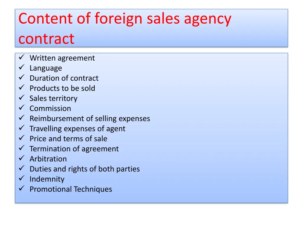 content of foreign sales agency contract