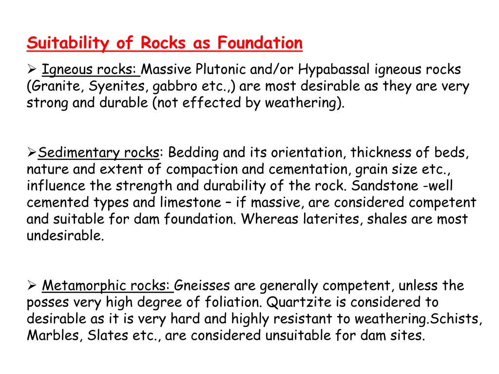 suitability of rocks as foundation igneous rocks