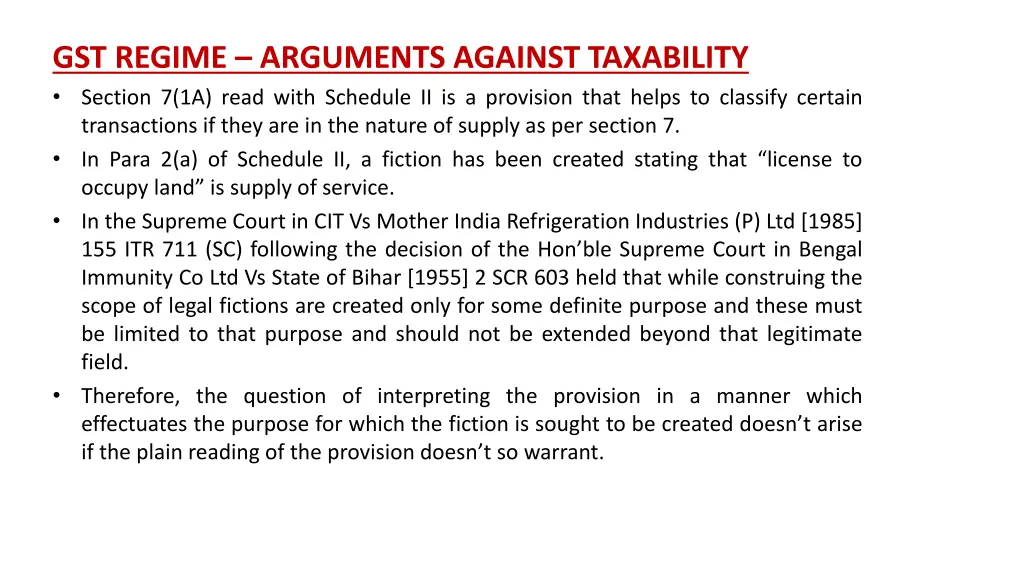 gst regime arguments against taxability section