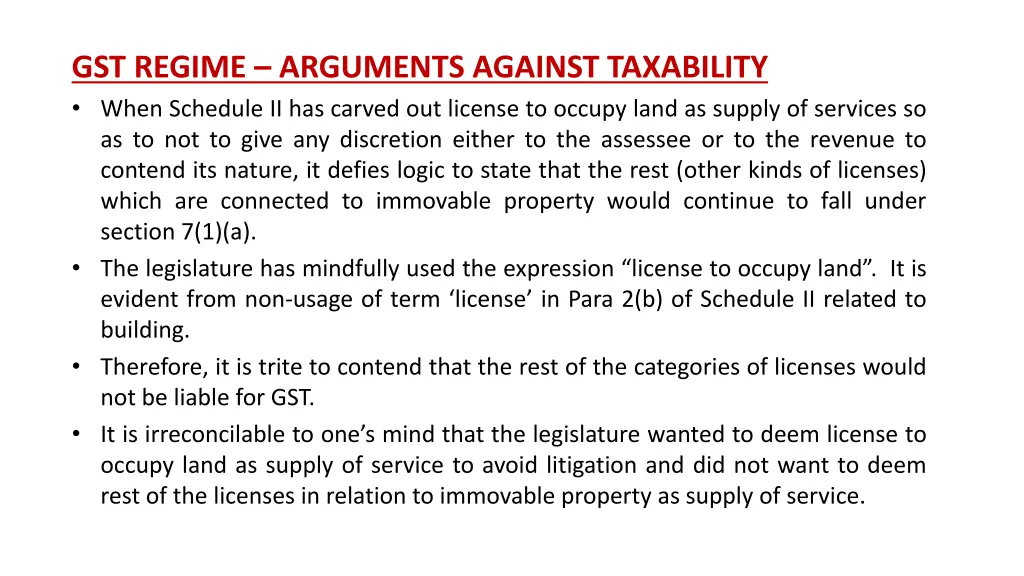 gst regime arguments against taxability when