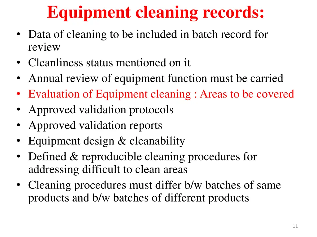 equipment cleaning records data of cleaning