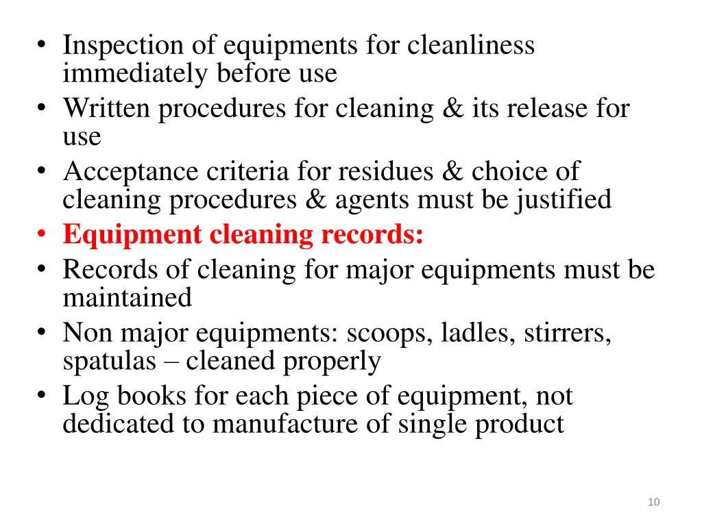 inspection of equipments for cleanliness