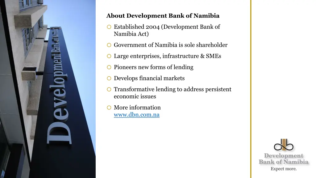 about development bank of namibia o established