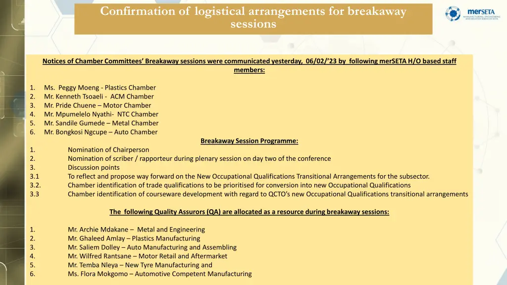 confirmation of logistical arrangements