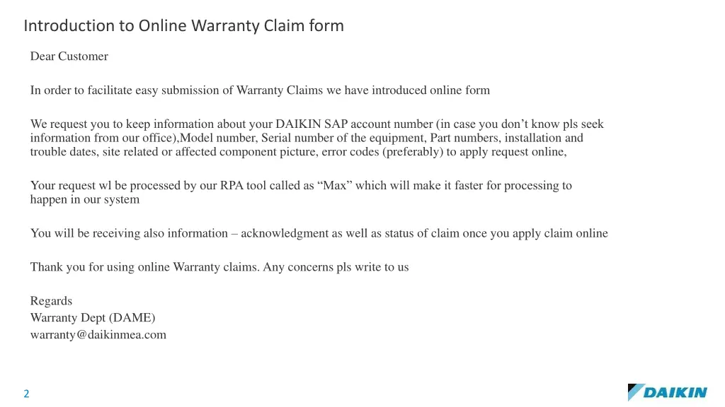 introduction to online warranty claim form