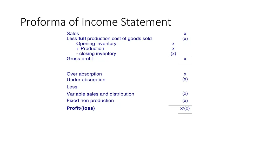 proforma of income statement sales less full